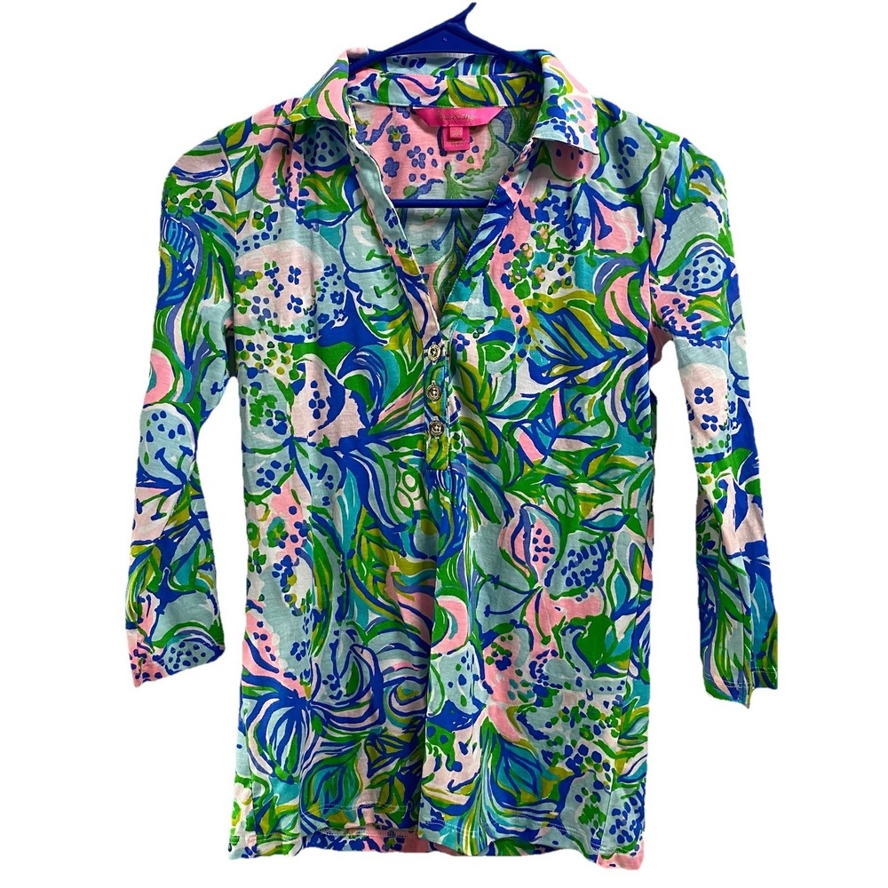 Lilly Pulitzer Womens Pullover Ansley Polo Blouse Pink/Green/Blue Top Sz. XXS